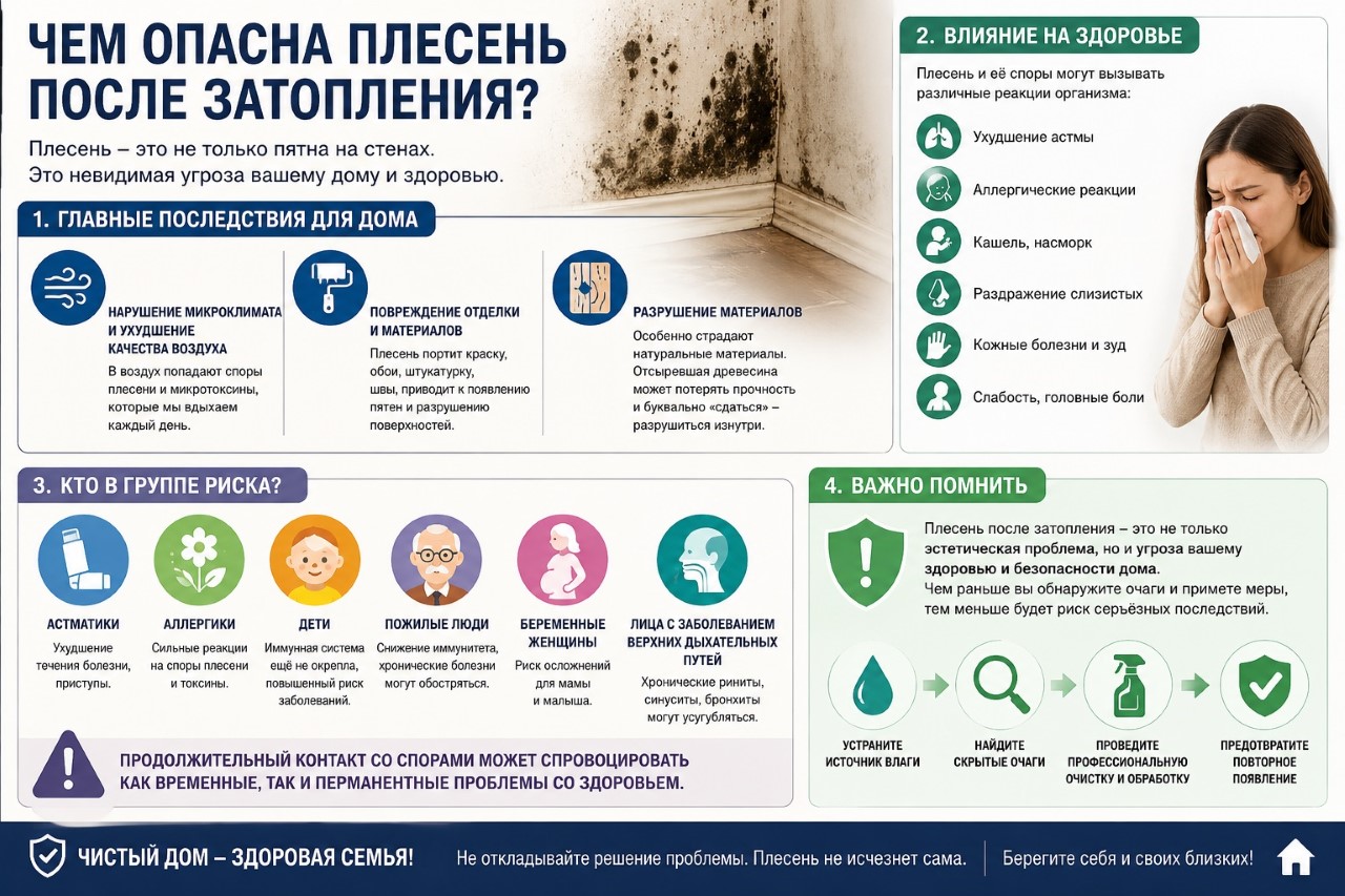 Чем опасна плесень после затопления?