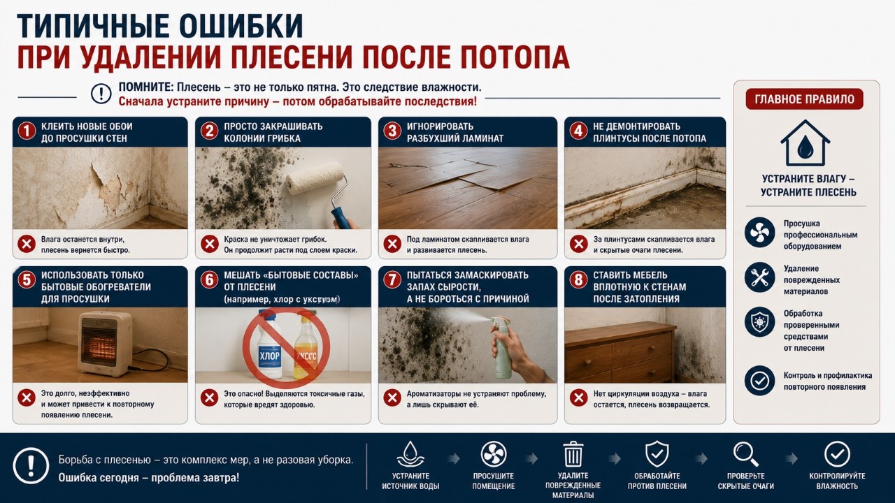 Типичные ошибки при удалении плесени после потопа