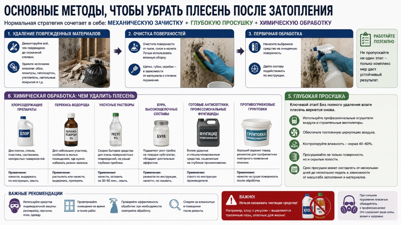 Основные методы, чтобы убрать плесень после затопления