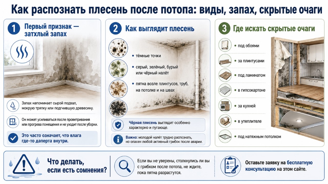 Как распознать плесень после потопа: виды, запах, скрытые очаги
