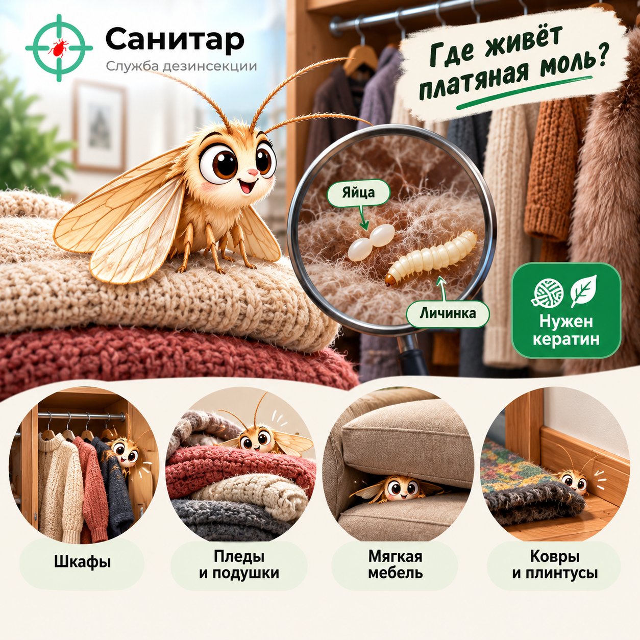 Излюбленные места гнездования: шкафы, текстиль, обивка и ковры